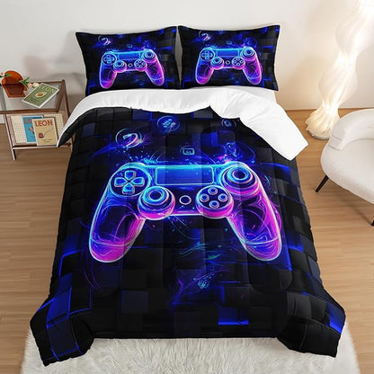 3 Pieces Bed in a Bag for Boys Bedding Sets King Size,Game Controller Comforter Sets for Boys Kids,Gaming Comforter Set for Teens Room Decor,Honeycomb Geometric Bedding with 2 Pillowcases.
