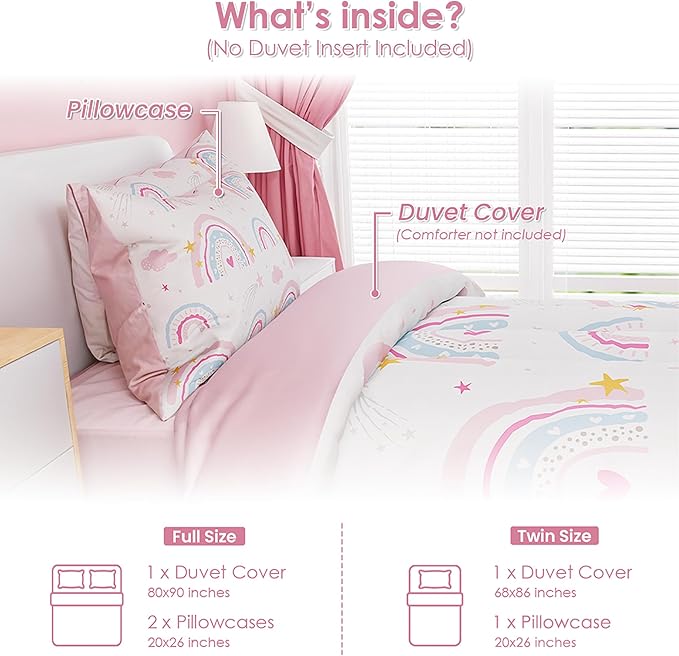 SANDJEST Rainbow Duvet Cover Sets Twin Size for Kids Girls, Include 1 Polyester Comforter Cover 68x86 Inches and 1 Pillowcase 20x26 Inches, Comforter Not Included, Gift for Christmas Birthday