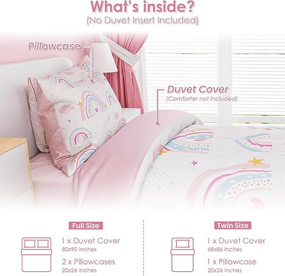 SANDJEST Rainbow Duvet Cover Sets Full Size for Kids Girls, Incude 1 Polyester Comforter Cover 80x90 Inches and 2 Pillowcases 20x26 Inches, Comforter Not Included, Gift for Christmas Birthday