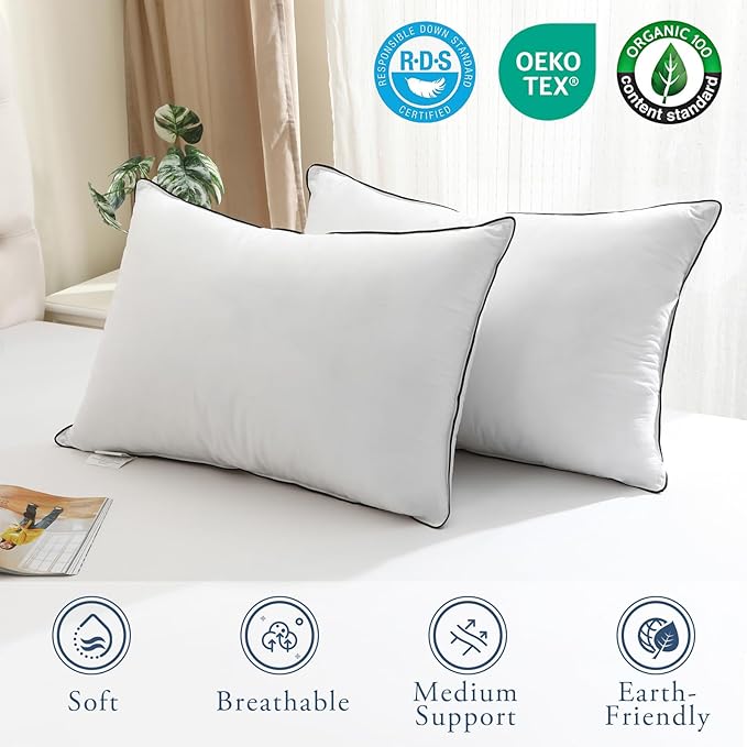 BPC Goose Feather Down Pillows Queen Size Set of 2, Luxury Hotel Collection Bed Pillows for Sleeping, 100% Organic Cotton Cover, Fluffy and Soft Support Surround Fill Polyester, Medium Firm, 20"x30"