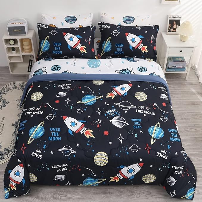 Wajade Kids Space Comforter Set Bed in A Bag Full Size 7 Piece 3D Space Rocket Planets Bedding Set for Teens Boys Girls (1 Comforter, 1 Flat Sheet, 1 Fitted Sheet, 2 Pillowcase and 2 Pillow Sham)