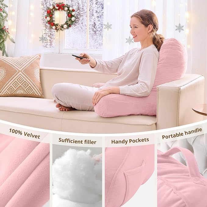 Sasttie Reading Pillow for Bed - 23 Inch, Back Pillow for Bed Sitting Up, Back-Rest Support Cushion with Side Pockets and Arms, Dorm Essentials, Oeko-Tex Certified, Light Pink