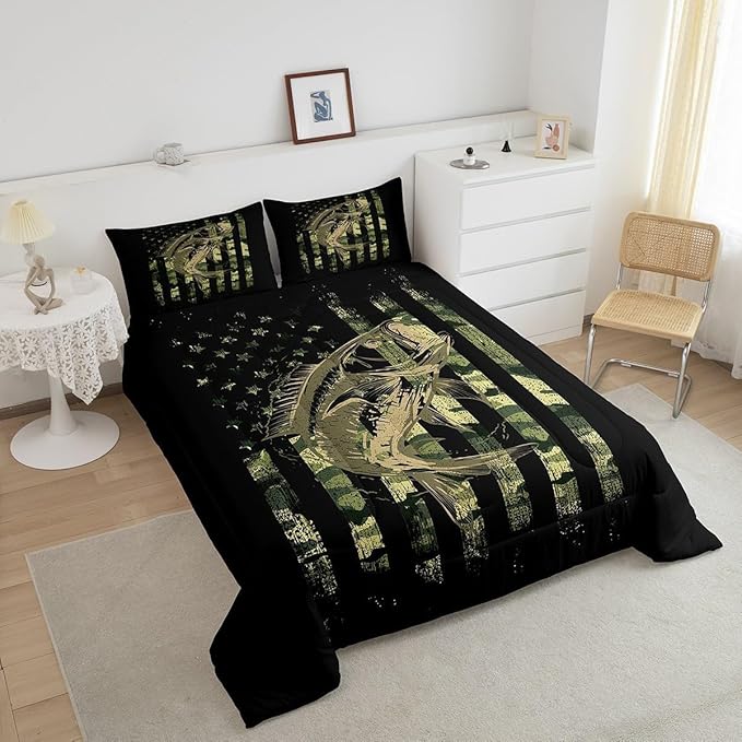 Feelyou Green Black Camouflage Comforter Set Fish Camo American Flag Bedding Set for Women Men Room Farmhouse Fishing Decor Comforter Wild Quilted Set 2Pcs Toddler Size
