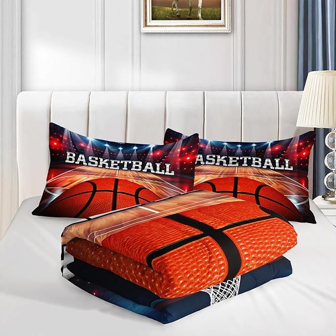 Sports Basketball Print Comforter 3Pcs Full Ball Sport Gaming Basketball Court Bedding Set for Kid Teen Girl Boy Adult Basketball Sport Games Quilt Bed Decor with 1 Comforter and 2 Pillowcases