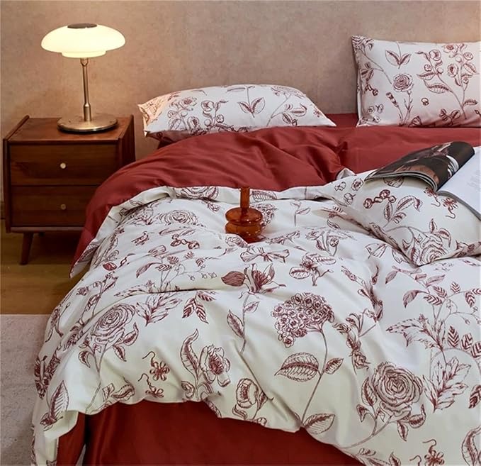 Floral Duvet Cover Queen Size Bow Red Flower Bedding Set 3 Pieces Girls Women Men Botanical Vintage Floral Duvet Cover with 2 Pillowcases