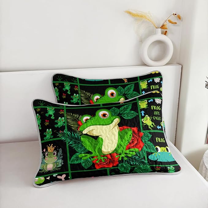 AILONEN 3-Piece Frog Green Quilt Set Twin, Flower Animal Design for Kids Boys Girls,Breathable Soft Quilt Bedspread Bed Cover for All Season, 1 Quilt and 2 Pillowcases