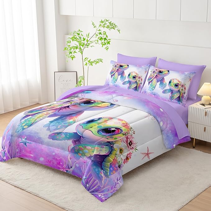 Sea Turtle Bedding Twin Comforter Set 7 Piece,Coastal Beach Themed Bed Set for Kids Girls Room Decor,Cute Bedding with 1 Comforter,1 Flat Sheet,1 Fitted Sheet,4 Pillowcases.