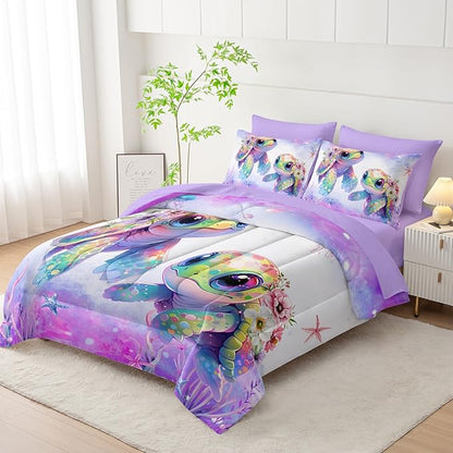 Sea Turtle Bedding Queen Comforter Set 7 Piece,Coastal Beach Themed Bed Set for Kids Girls Room Decor,Cute Bedding with 1 Comforter,1 Flat Sheet,1 Fitted Sheet,4 Pillowcases.