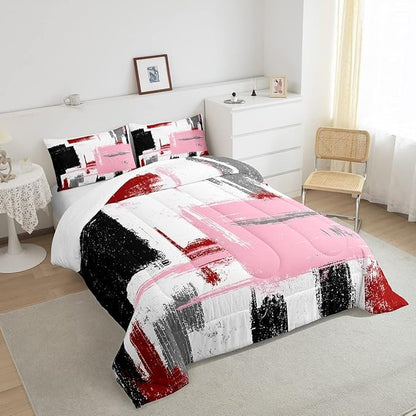 Abstract Bedding Set Comforter Set for Kids Boys Girls Teens Room Decor Modern Abstract Art Comforter Black Red White Pink Duvet Set 2Pcs Toddler Size