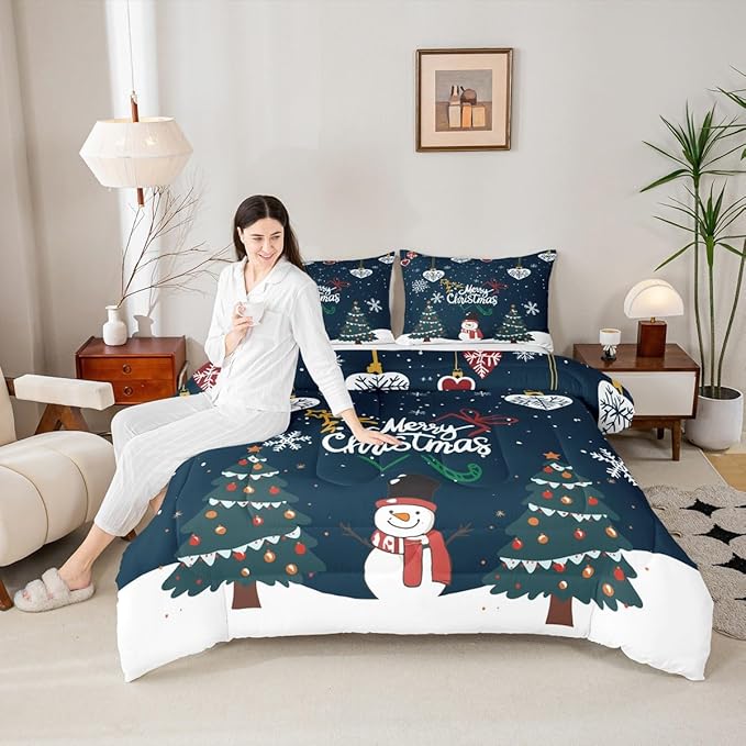 Erosebridal Snowflake Comforter Set for Kids Boys Girls,Cartoon Snowman Bedding Queen,Merry Christmas Comforter Sets,Winter Xmas Tree Stars Duvet Insert with 2 Pillowcases