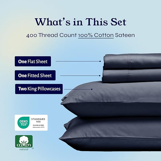California Design Den King Bed Sheets Set - Soft 400 Thread Count Sateen, Natural 100% Cotton Sheets, Deep Pockets with All-Around Elastic, Durable Bedding Set - Indigo Dusty Blue