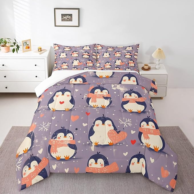Kawaii Penguin Bedding Set Toddler Size Pink Love Heart Comforter for Child Teens Cartoon Antarctic Animals Down Comforter Winter Snowflake Duvet Insert with 1 Pillowcase