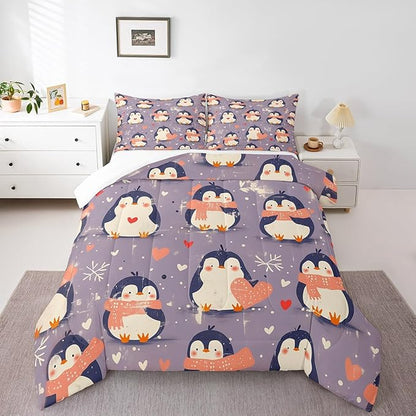 Kawaii Penguin Bedding Set Full Size Pink Love Heart Comforter for Child Teens Cartoon Antarctic Animals Down Comforter Winter Snowflake Duvet Insert with 2 Pillowcases