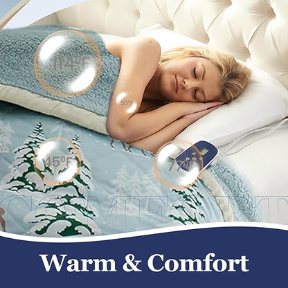 Thermee Micro Flannel Heated Blanket with Sherpa Back, 10-Setting Programmable Electric Blanket, Ultra-Soft Heated Throw - Queen Size, Winter Landscapes