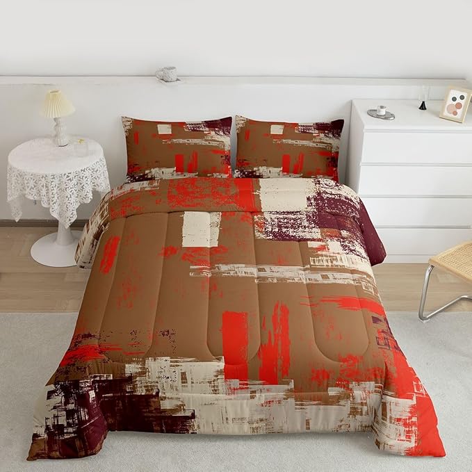 Feelyou Abstract Bedding Set Kids Modern Abstract Art Comforter Set Brown Orange Comforter for Boys Room Decor Lightweight Retro Duvet Set Full Size with 2 Pillow Case