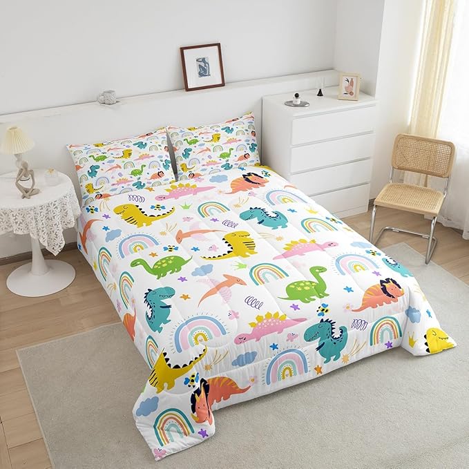 Feelyou Boys Dinosaur Toddler Bedding Sets King Size Girls Colorful Dinosaurs Comforter Set Cute Cartoon Dino Rainbow Down Comforter Quilt Kids Room Decor Reversible Stars Bed Set for All Seasons
