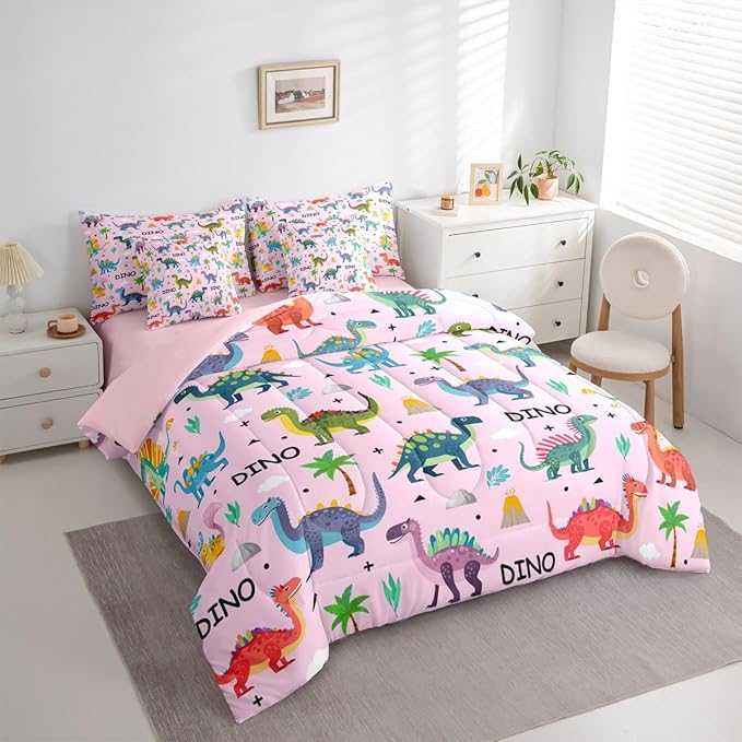 Feelyou Kids Cartoon Dinosaur 7 Piece Bedding Set Pink Colorful Dinosaur Comforter Set with Sheets for Boys Girls Jungle Dino Bed in a Bag Animal Theme Bed Set Soft Lightweight