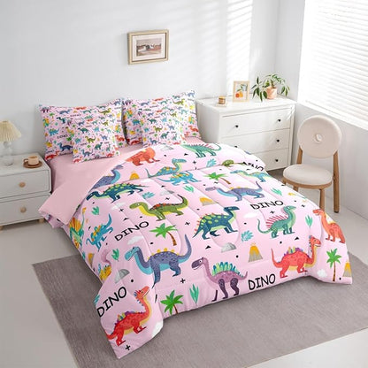 Feelyou Kids Cartoon Dinosaur 7 Piece Bedding Set Pink Colorful Dinosaur Comforter Set with Sheets for Boys Girls Jungle Dino Bed in a Bag Animal Theme Bed Set Soft Lightweight