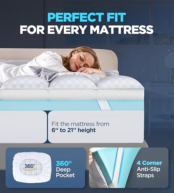 Dual Layer Memory Foam Mattress Topper for Pain Relief with 2X Support, 2" Fluffy Pillow Top California King Mattress Topper Plus 2" Odor-Free Cooling Gel Memory Foam Ultra Comfort Mattress Pad