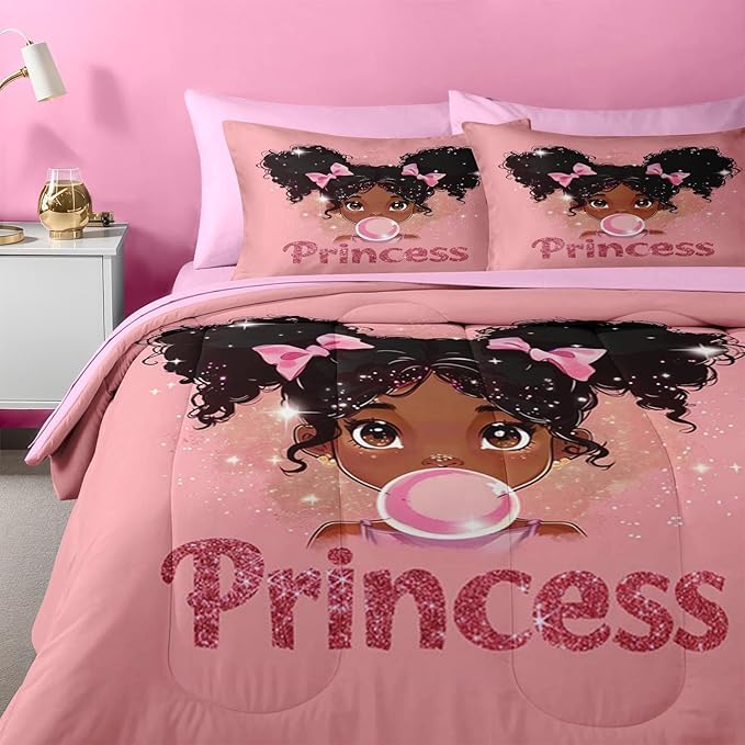 Nesker 7 Pcs Comforter Set Queen Size, African American Princess Bubbles Bedding for Kids Teen, Pink Black Girl with Fitted Sheet 2 Pillowcases & 2 Shams for Bedroom Bed Decor