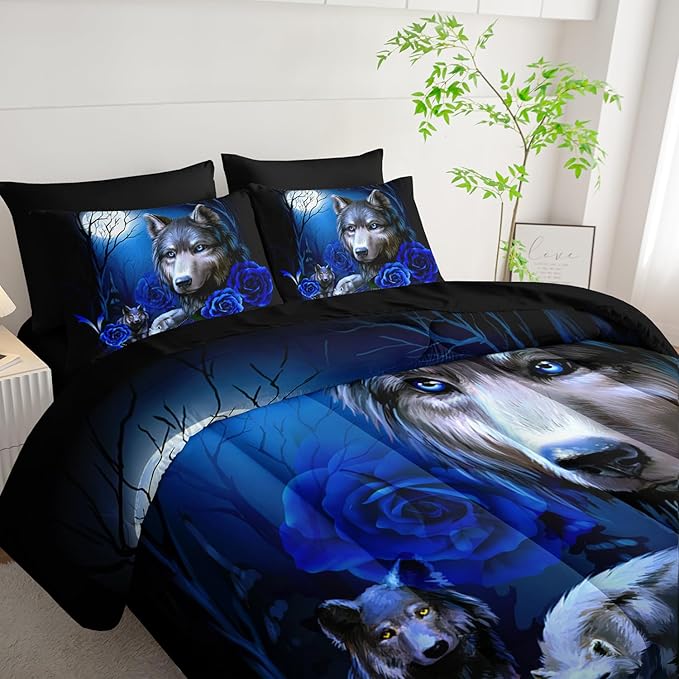 Wolf Comforter Set 7 Piece Queen Size Bed in A Bag,Animal Bedding for Room Decor,Soft Wolf Comforter Blue Rose Bedding with Fitted Sheet,Flat Sheet, Pillowcases & Shams