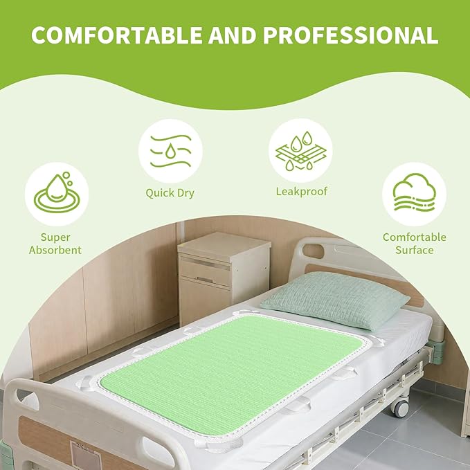 Washable Bed Pads with 10 Sturdy Handles 40”×72” Extra Large Reusable Underpads 4-Layers Leakproof Chucks Pads Washable for Incontinence (Green,1 Pack)