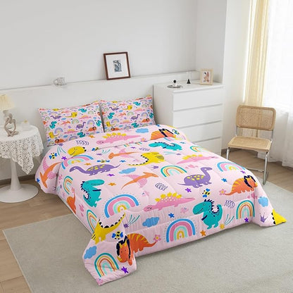 Feelyou Girls Pink Dinosaur Toddler Bedding Sets King Size Purple Green Dinosaurs Comforter Set Cute Cartoon Dino Rainbow Down Comforter Quilt Kids Room Decor Reversible Stars Bed Set for All Seasons