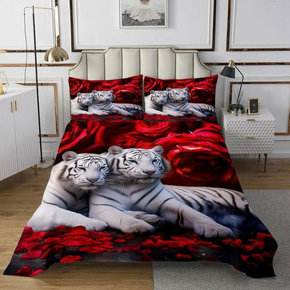 Tiger Bedspread Set King Size,Red Rose Flower Bedspread Quilt Set for Boys Girls,African Safari Animals Coverlet Set,Big Cat Wild Animal Skin Quilt Set,Romantic Garden Floral Bedroom Decor