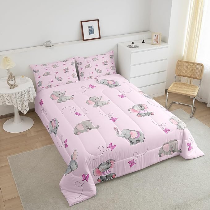 Lovely Elephant Kids Comforter Set King Size,Purple Butterfly Cartoon Wildlife Reversible Bedding Set All Season Quilt,Watercolor Grey Pink Animal Microfiber Polyester Down Comforter