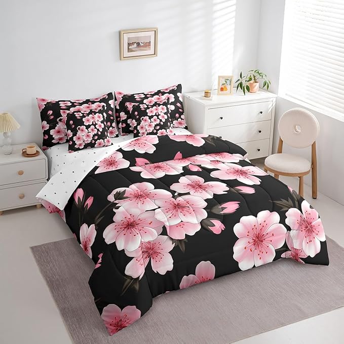 Feelyou Cherry Blossom Bed in a Bag Full Size Japanese Floral 7 Piece Bedding Set for Kids Girls Teens Toddler Pink Flower Comforter Set with Sheets Romantic Bed Set