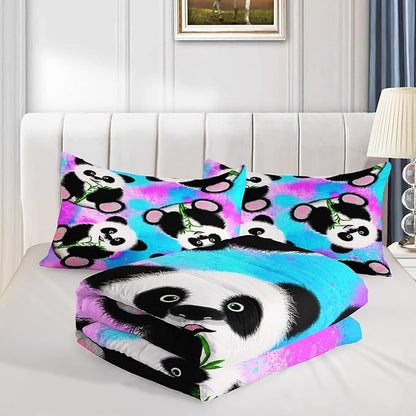 QOOMO Panda Comforter Queen Size,Neon Panda Comforter Set for Kids Teens Girls Boys,3Pcs Bedding Set Printed Comforter with 2 Pillowcases,Down Alternative,Soft and Lightweight，Queen Size