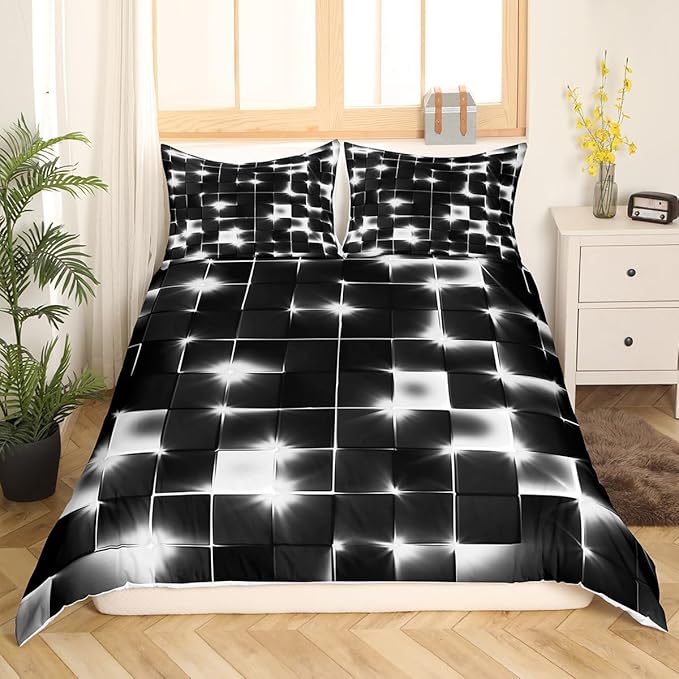 Castle Fairy Abstract Duvet Cover Queen Size,3D Modern Cool Geometric Grid Square Duvet Cover Set for Children Adult,Shiny Gray Neon Light Black Soft Comforter Cover for Dorm Room, Zipper, Ties