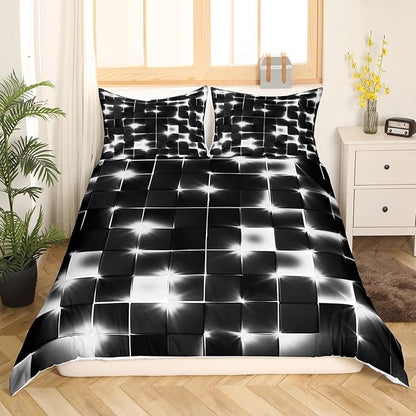 Castle Fairy Abstract Duvet Cover Queen Size,3D Modern Cool Geometric Grid Square Duvet Cover Set for Children Adult,Shiny Gray Neon Light Black Soft Comforter Cover for Dorm Room, Zipper, Ties