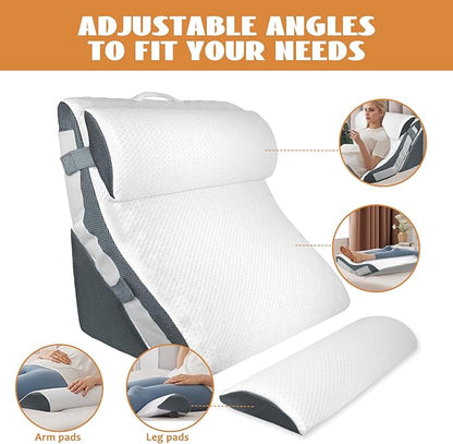 4PCS Orthopedic Bed Wedge Pillow Set, Adjustable Curve Memory Foam Wedge Pillow, Pillow Wedges for Post Surgery, Back Pain Relief, Triangle Pillows for Acid Reflux, Snoring, GERD, White/Grey