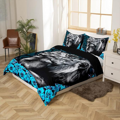 Lion Couple Duvet Cover Set King Size,Heart Shape Wild African Animal Comforter Cover with 2 Pillowcases,Blue Rose Flowers Modern Bedding Set for Adult Young Bedroom Xman Gift