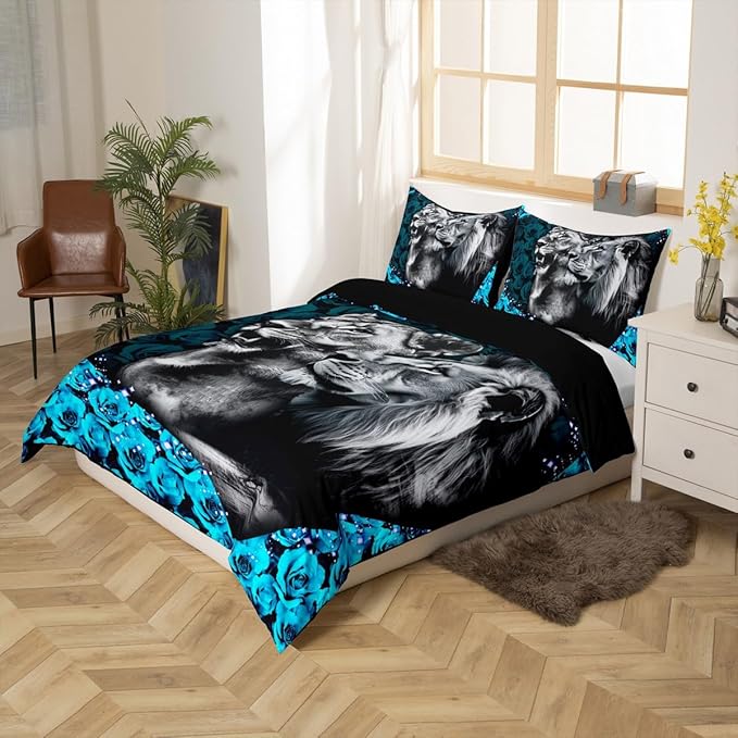 Lion Couple Duvet Cover Set Twin Size,Heart Shape Wild African Animal Comforter Cover for Kids Boys Bedroom Xmas Gift,Blue Rose Flowers Bedding Set with 1 Pillowcase Bedspread, Soft