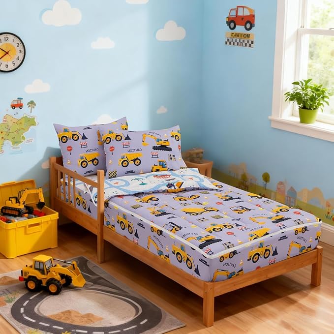 Holawakaka Kids Zipper Bedding Construction Comforter Set, Boys Twin Size Trucks Excavator Tractor Print Zippered Bed Sets,Toddler-boy Child Dorm Zip Bedding