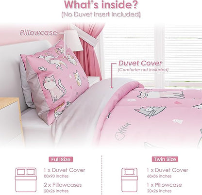 Cat Duvet Cover Sets Full Size for Kids Girls, Incude 1 Polyester Comforter Cover 80x90 Inches and 2 Pillowcases 20x26 Inches, Comforter Not Included, Gift for Christmas Birthday