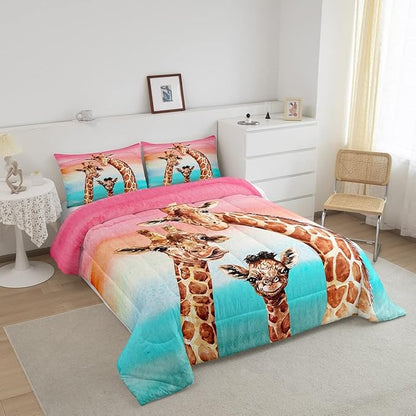 Feelyou Giraffe Comforter Set Safari Giraffe Family Bedding Set for Kids Boys Adults Youth Colorful Geometric Stripe Decor Duvet Set Wild Animal Quilt Set with 2 Pillowcases 3Pcs Bedding Full