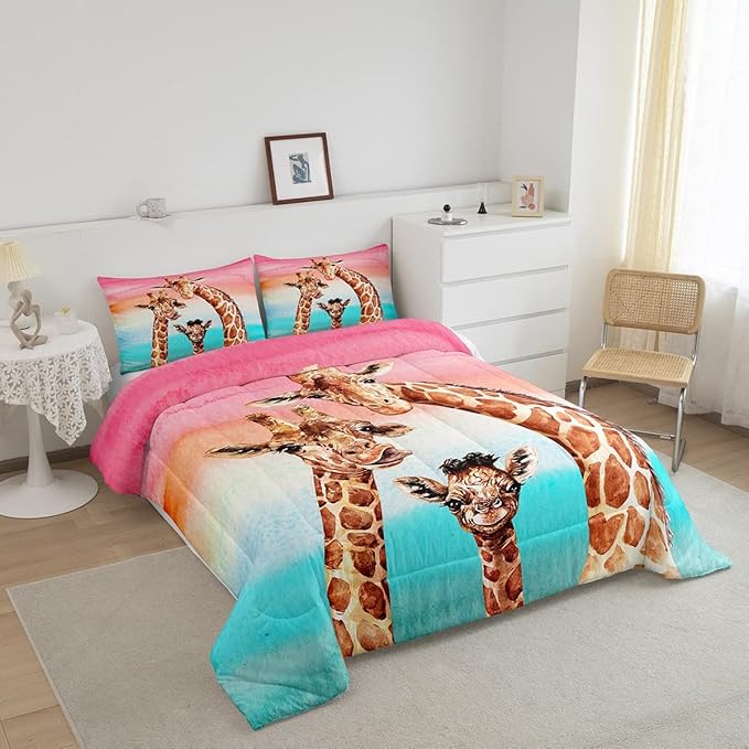 Feelyou Giraffe Comforter Set Safari Giraffe Family Bedding Set for Kids Boys Adults Youth Colorful Geometric Stripe Decor Duvet Set Wild Animal Quilt Set with 2 Pillowcases 3Pcs Bedding Queen