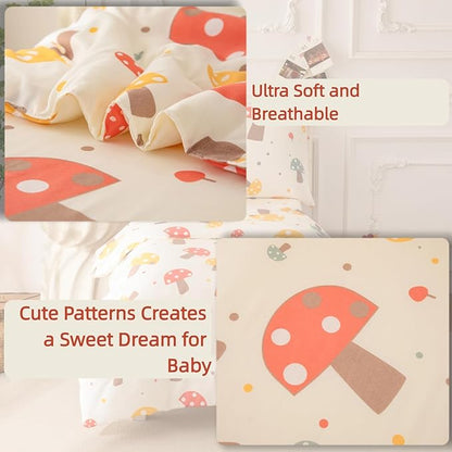 SDIII 4 Piece Mushroom Toddler Bedding Set, Soft Microfiber Botanical Bedding Toddler Bed Set with Comforter, Fitted Sheet, Flat Sheet and Pillowcase