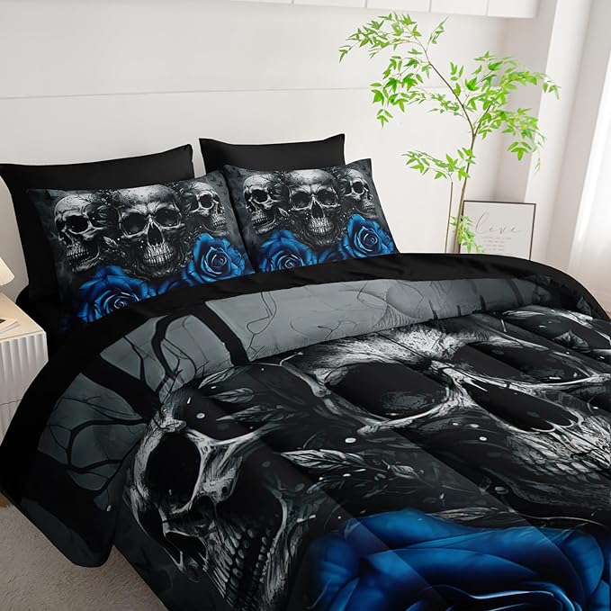 Black Skull Comforter Set 7 Piece Full Size Bed in A Bag,Goth Bedding for Room Decor,Soft Western Comforter Boho Hippie Bedding with Fitted Sheet,Flat Sheet, Pillowcases & Shams