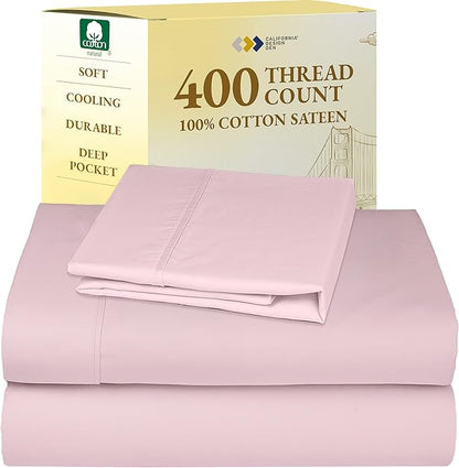 California Design Den Twin XL Sheet Sets - 400 Thread Count Sateen, 100% Cotton Sheets Set, Deep Pockets, and Durable Bedding for Dorm Rooms & Adults - Pink