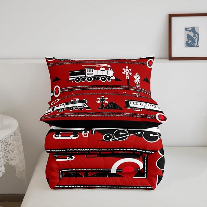Erosebridal Boys Train King Comforter Set Cartoon Car Toddler Bedding, Traffic Transportation Track Comforter for Kids Teens Vintage Steam Engine Railway Decor Quilt Set Room 3Pcs, Red White Black