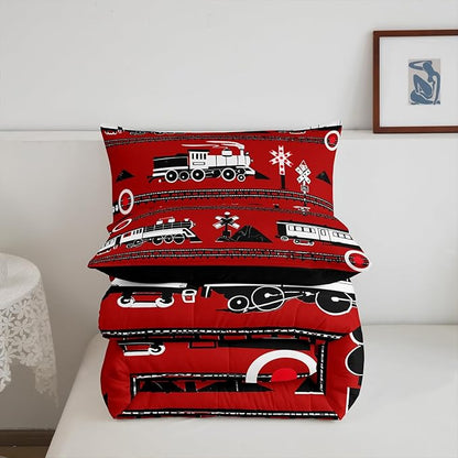 Erosebridal Boys Train King Comforter Set Cartoon Car Toddler Bedding, Traffic Transportation Track Comforter for Kids Teens Vintage Steam Engine Railway Decor Quilt Set Room 3Pcs, Red White Black