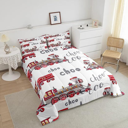 Feelyou Cartoon Car Bedding Set Kids Train Comforter Set Boys Girls Choo-Choo Rail Roads Tracks Decor Comforter Microfiber Train Construction Duvet Set Bedroom Quilt Set Twin Size with 1 Pillow Case