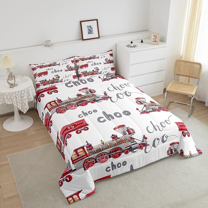 Feelyou Cartoon Car Bedding Set Kids Train Comforter Set Boys Girls Choo-Choo Rail Roads Tracks Decor Comforter Microfiber Train Construction Duvet Set Bedroom Quilt Set Queen Size