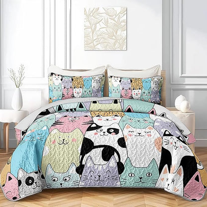 HOSIMA Cute Cat Queen Quilt Set for Teenage Girl Room Decor,Cartoon Colorful Pet Print Cat Quilt,Kawaii Bedding for Kids,Lightweight Aesthetic Animal Bedding with 2 Pillowcases.