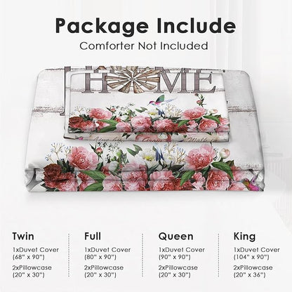 Rose Flower Theme 3 Pieces Duvet Cover Comforter Set with 2 Pillowcase Twin Size Pink Peony Floral Bed Sheet Quilt Bedroom Bedding for Lover Kids
