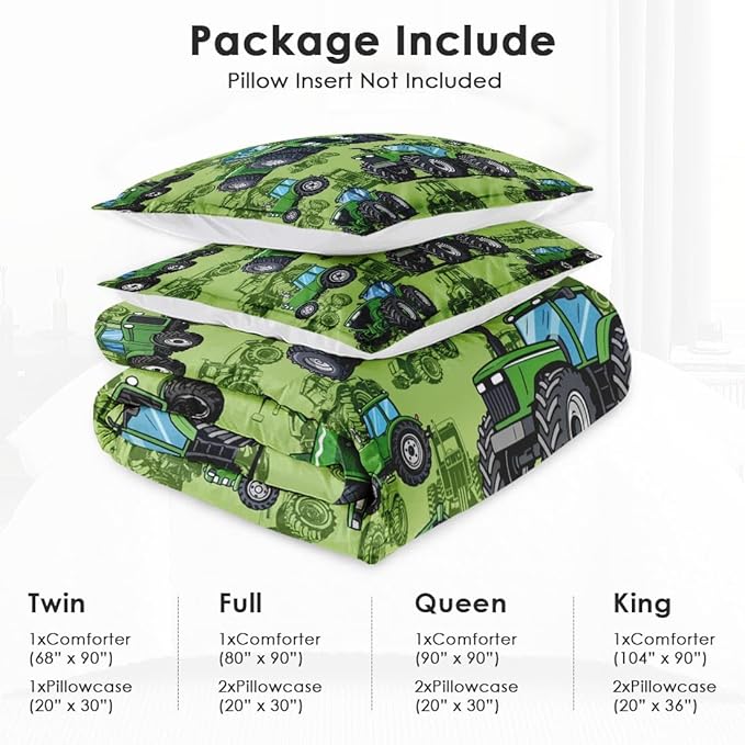 Queen Size Car Comforter Set with 2 Pillowcase, Farm Tractor Summer Soft Green 3 Pcs Bedding for Kids and Adults, Plant Dirt Wheel Comforter Set for Room Bedroom Bed Decor